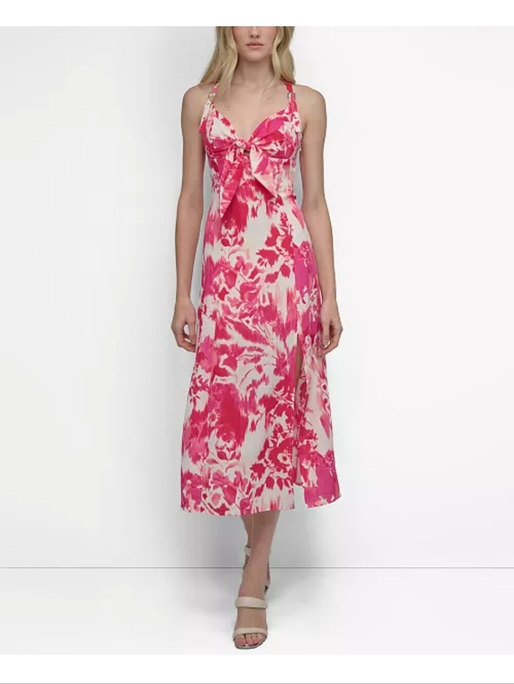 DKNY NWT Pink Floral Tie Front Maxi Dress Size 14 $139 Party Cocktail